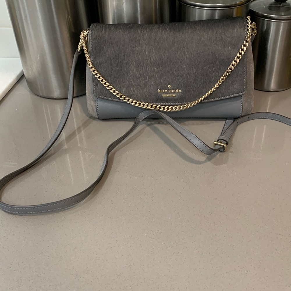 Kate Spade Laurel Way Haircalf Greer Crossbody Shoulder Bag Purse Smoky Gray
